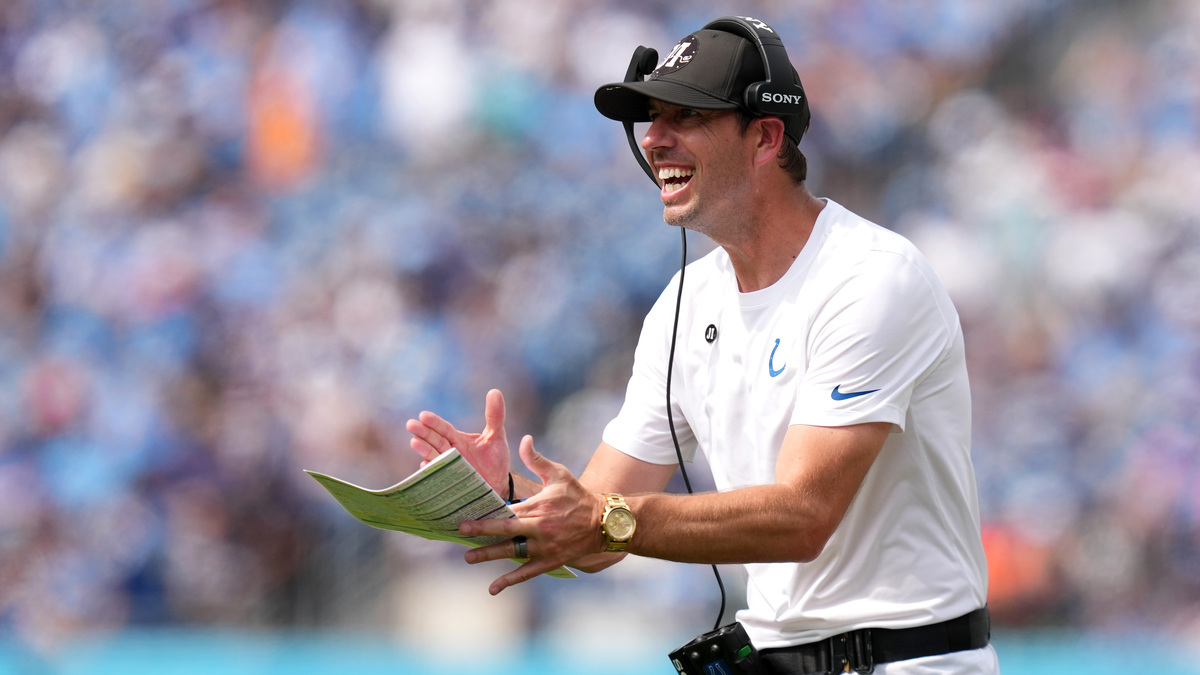 Head coach Shane Steichen of the Indianapolis Colts celebrates after a touchdown during the third quarter against the Tennessee Titans at Nissan Stadium on September 21, 2025 in Nashville, Tennessee.