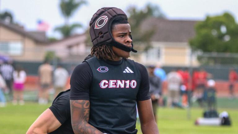 2027 Corona-Centennial receiver Quentin Hale reacts after a play at the Edison Battle at the Beach on May 11, 2026 in Huntington Beach, California.