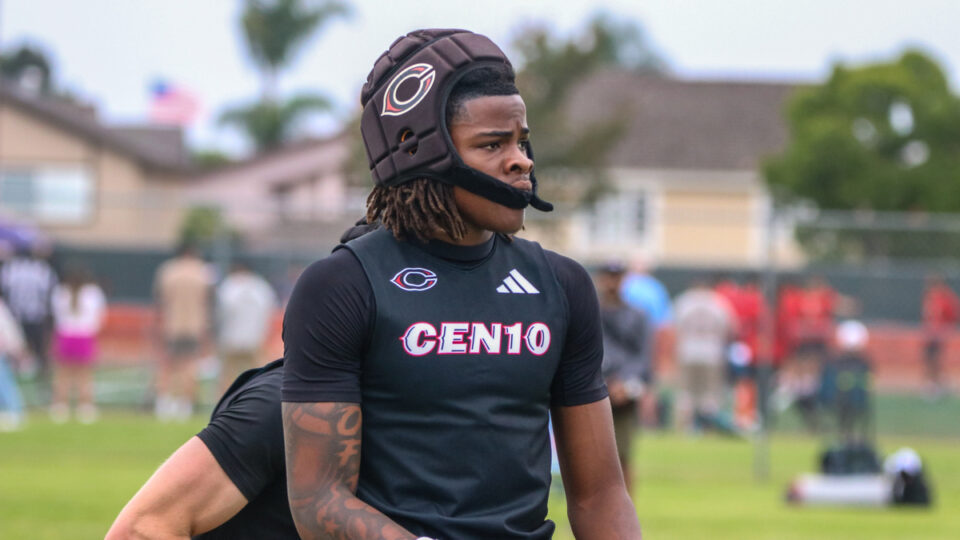 2027 Corona-Centennial receiver Quentin Hale reacts after a play at the Edison Battle at the Beach on May 11, 2026 in Huntington Beach, California.