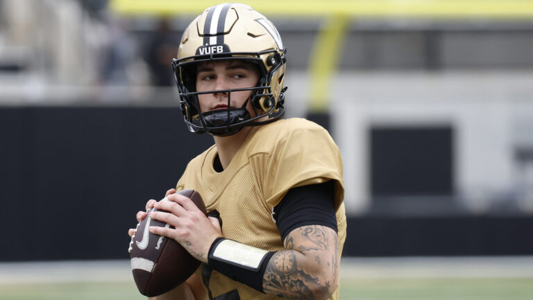 Vanderbilt Commodores quarterback Jared Curtis (2) prepares to throw during warmups prior the Vanderbilt Commodores spring game, April 18, 2026, at FirstBank Stadium in Nashville, Tennessee.