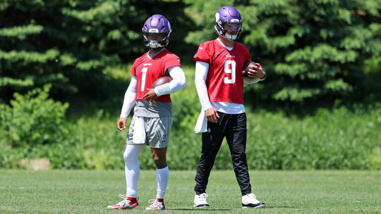 Kyler Murray #1 and J.J. McCarthy #9 of the Minnesota Vikings look on during an OTA workout at Twin Cities Orthopedics Performance Center on May 27, 2026 in Eagan, Minnesota.