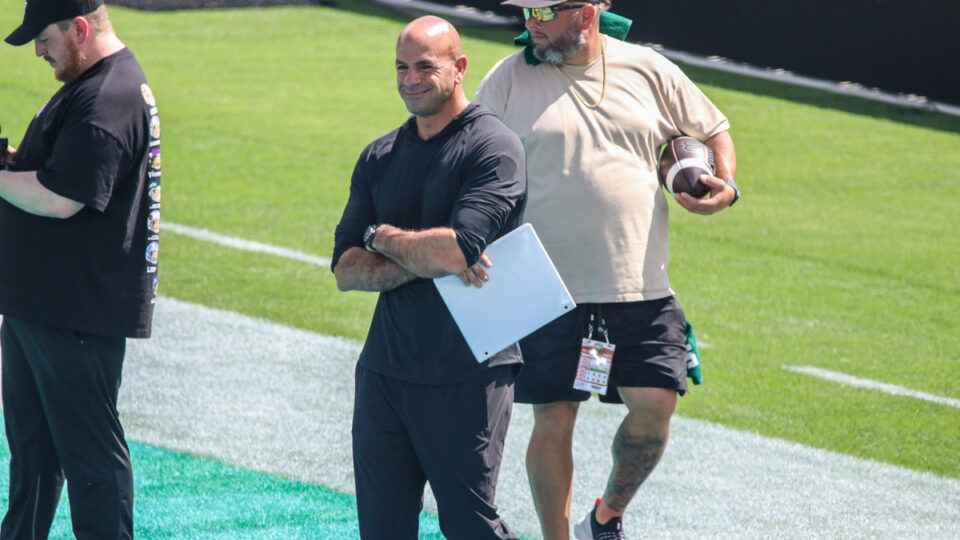 Tennessee Titans head coach Robert Saleh looks on at practice at the Fanatics Flag Football Classic in Los Angeles in 2026.