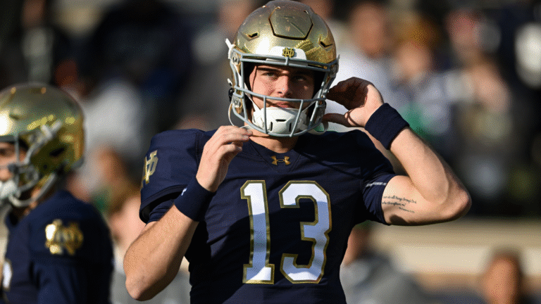Notre Dame Fighting Irish QB CJ Carr (13) warms up prior to a college football game between the Syracuse Orange and Notre Dame Fighting Irish on November 22, 2025 at Notre Dame Stadium in South Bend, Indiana.