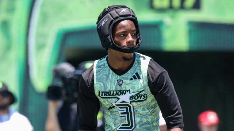 Receiver Eli Woodard lines up before a play for Trillion Boys in the OT7 Finals in Los Angeles, California on June 14, 2026.