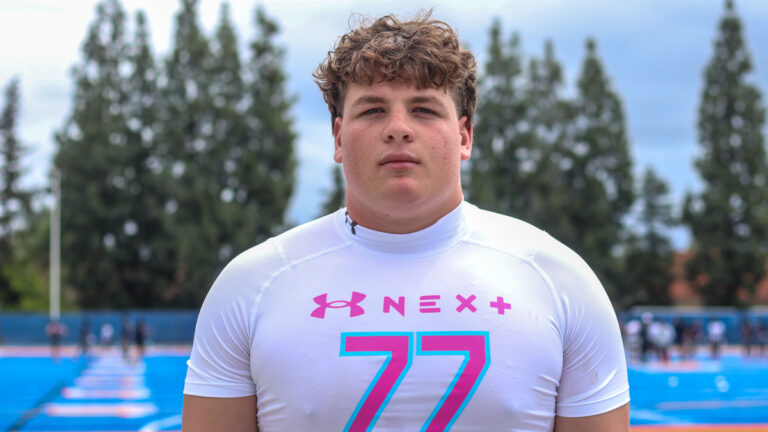 Orange Lutheran offensive lineman Lucas Rhoa poses for a headshot following the Under Armour Next Camp in Los Angeles on April 26, 2026.