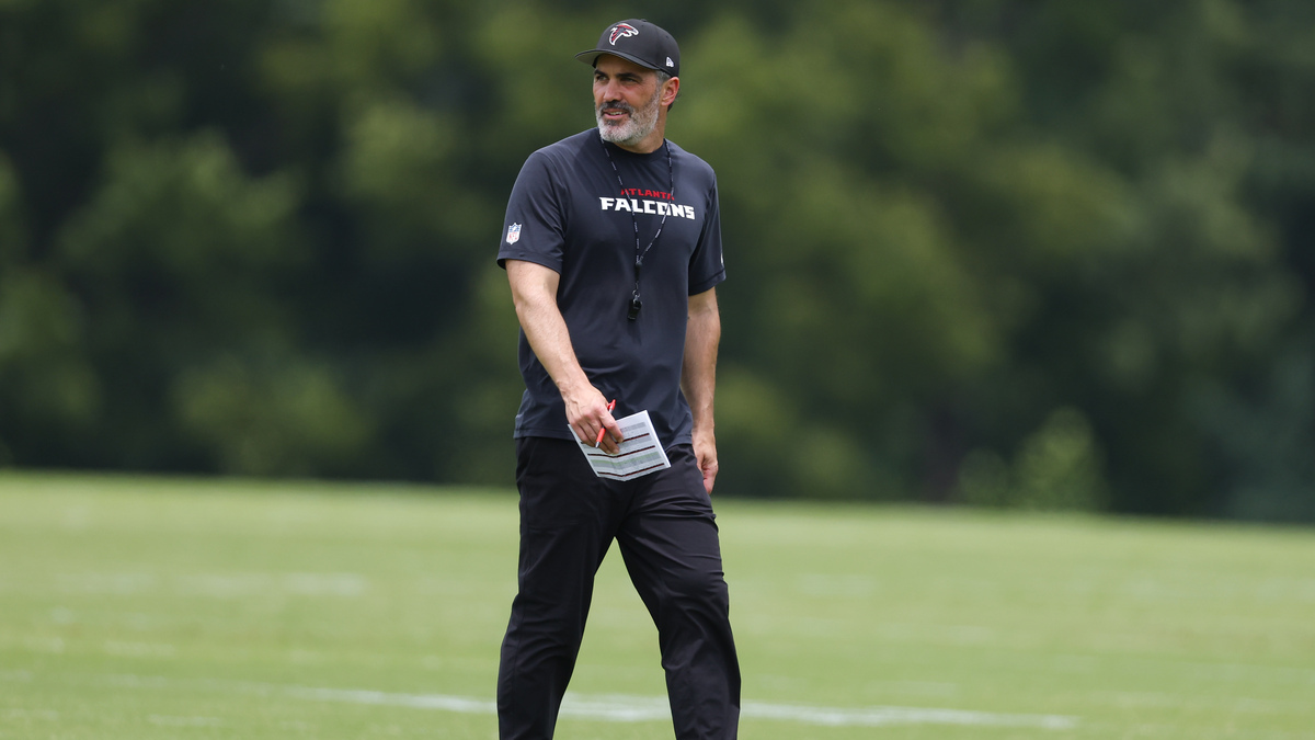Head coach Kevin Stefanski of the Atlanta Falcons looks on during OTA's at IBM Performance Field on May 27, 2026 in Flowery Branch, Georgia.