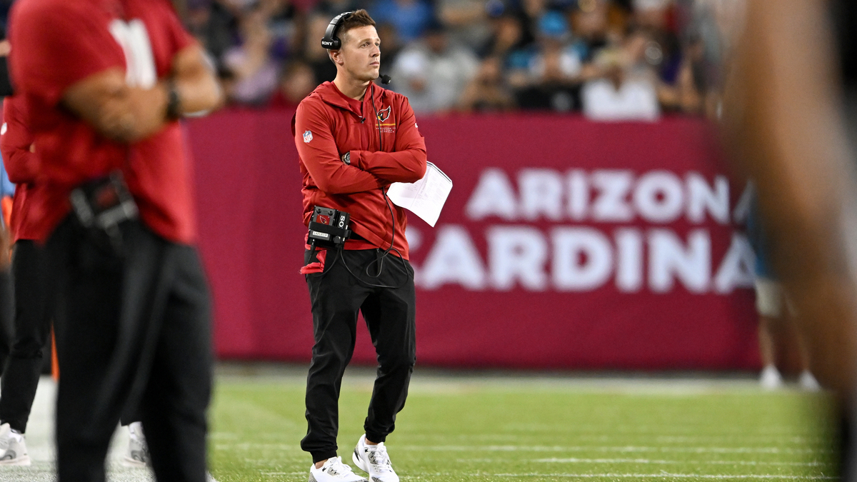 Head coach Mike LaFleur of the Arizona Cardinals looks on during the second quarter of the 2026 Pro Football Hall of Fame Game against the Carolina Panthers at Tom Benson Hall Of Fame Stadium on August 06, 2026 in Canton, Ohio.