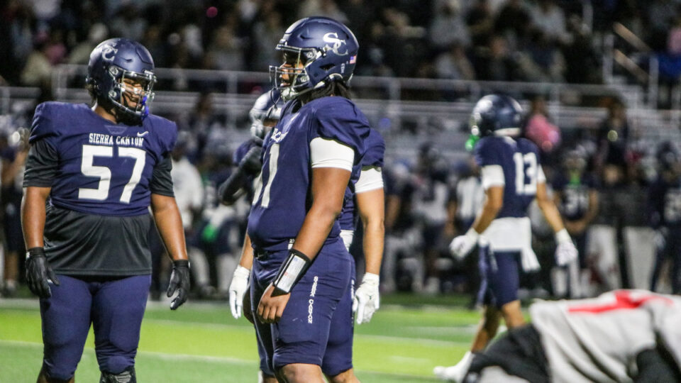 Chatsworth-Sierra Canyon DL Kasi Currie prepares for a play in a game against Gardena-Serra on Oct. 4, 2025 in Chatsworth, California.