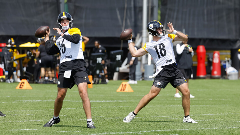 Drew Allar #16 of the Pittsburgh Steelers and Will Howard #18 throw a pass at UPMC Rooney Sports Complex on June 11, 2026 in Pittsburgh, Pennsylvania.