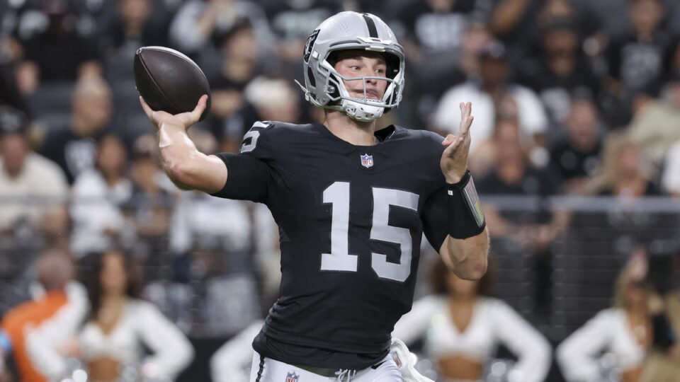 Fernando Mendoza #15 of the Las Vegas Raiders looks to pass in the first quarter of a preseason game against the Arizona Cardinals at Allegiant Stadium on August 13, 2026 in Las Vegas, Nevada.