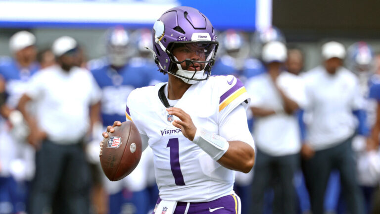 Kyler Murray #1 of the Minnesota Vikings looks to throw against the New York Giants during a preseason game at MetLife Stadium on August 15, 2026 in East Rutherford, New Jersey.