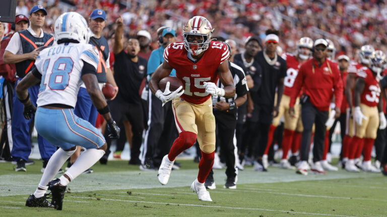 De'Zhaun Stribling #15 of the San Francisco 49ers runs after making a catch during the game against the Tennessee Titans at Levi's Stadium on August 13, 2026 in Santa Clara, California. The Titans defeated the 49ers 19-13.