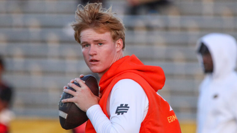 Quarterback Brady Edmunds from Huntington Beach High School attempts a pass at the Elite 11 Finals at Mira Costa High School in Manhattan Beach, California on May 30, 2026.