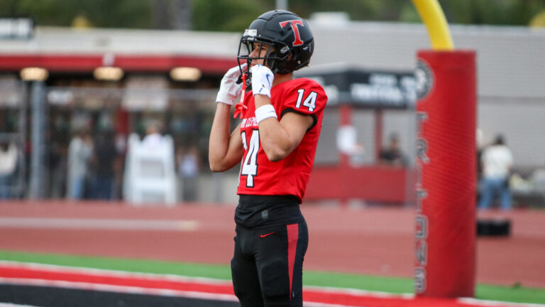 Two-way athlete Jaxson Rex warms up for San Clemente before a Week 5 matchup against Murrieta Valley at San Clemente High School in California on Sept. 27, 2025.