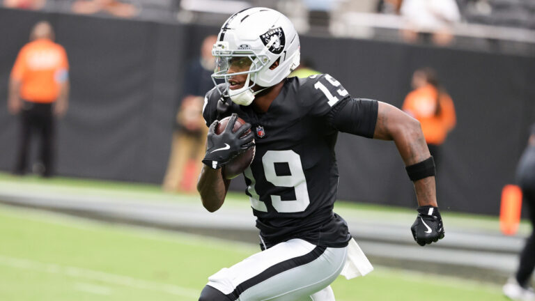 Malik Benson #19 of the Las Vegas Raiders warms up before a preseason game against the Arizona Cardinals at Allegiant Stadium on August 13, 2026 in Las Vegas, Nevada. The Cardinals defeated the Raiders 27-14.