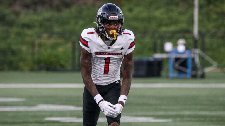 Corona Centennial wide receiver Quentin Hale lines up during a matchup between Centennial and Servite on Aug. 20, 2026 at Orange Coast College in Costa Mesa, California.
