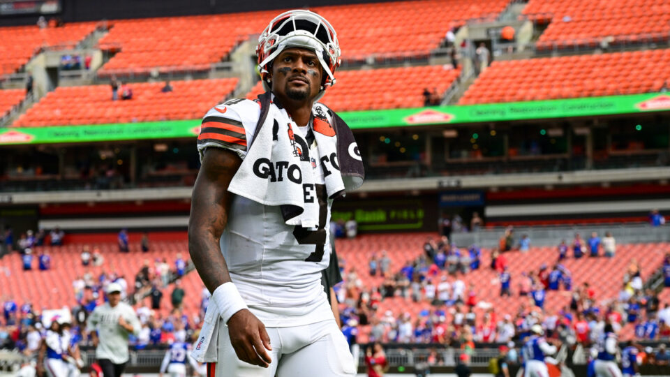 Deshaun Watson #4 of the Cleveland Browns walks off the field after the team's 31-7 loss to the Buffalo Bills in a preseason game against the at Huntington Bank Field on August 22, 2026 in Cleveland, Ohio.