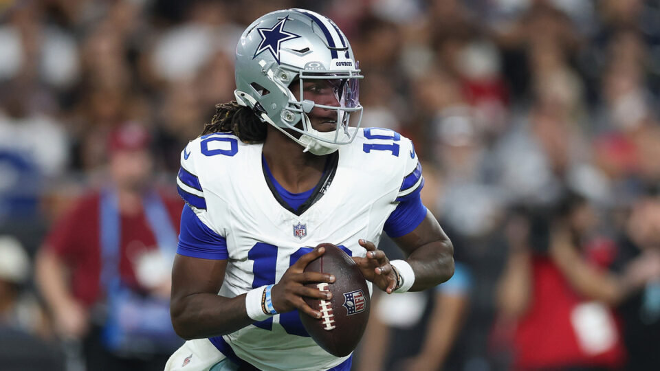 Joe Milton III #10 of the Dallas Cowboys drops back to pass during the preseason NFL game against the Arizona Cardinals at State Farm Stadium on August 22, 2026 in Glendale, Arizona.