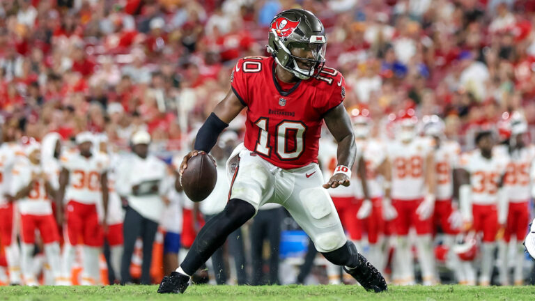 Jalon Daniels #10 of the Tampa Bay Buccaneers scrambles against the Kansas City Chiefs during the second half of the preseason game at Raymond James Stadium on August 22, 2026 in Tampa, Florida.