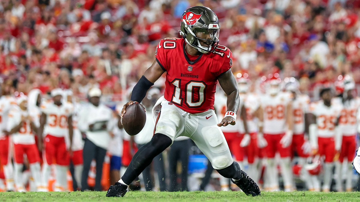 Jalon Daniels #10 of the Tampa Bay Buccaneers scrambles against the Kansas City Chiefs during the second half of the preseason game at Raymond James Stadium on August 22, 2026 in Tampa, Florida.