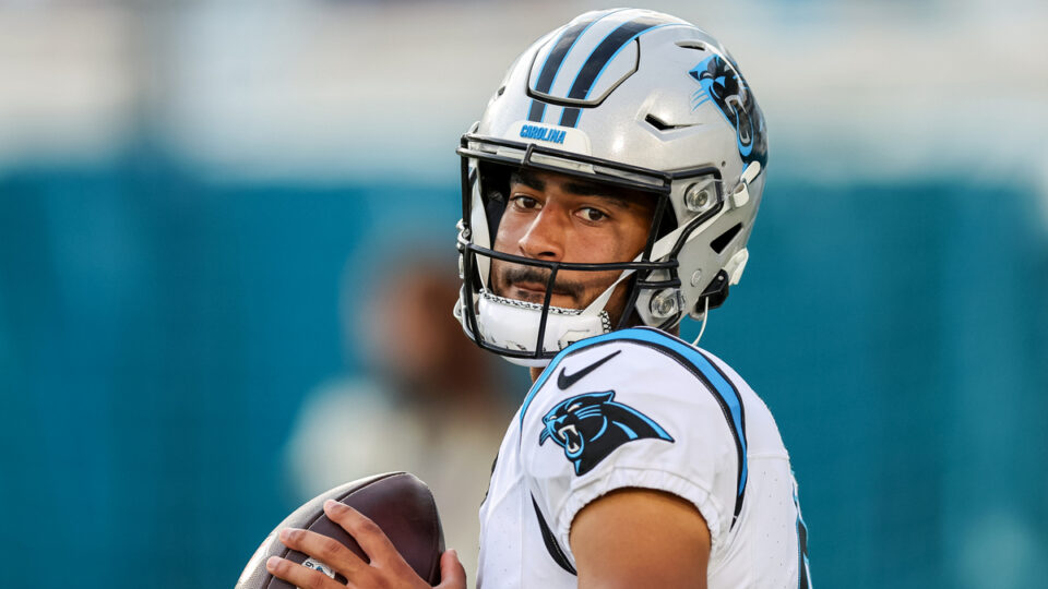 Bryce Young #9 of the Carolina Panthers warms up prior to the game against the Jacksonville Jaguars at EverBank Field on August 21, 2026 in Jacksonville, Florida.