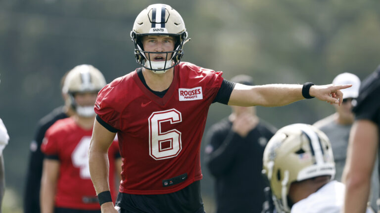 Tyler Shough #6 of the New Orleans Saints participates in drills during training camp at Ochsner Sports Performance Center on July 30, 2026 in Metairie, Louisiana.