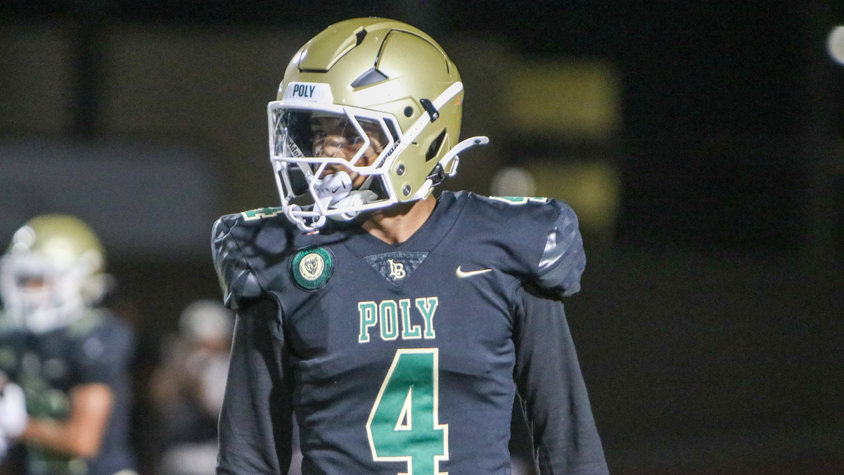 Long Beach Poly cornerback Donte Wright looks on before a play in a game against Long Beach Milikan on Oct. 11, 2025 at Veterans Stadium in Long Beach, California.