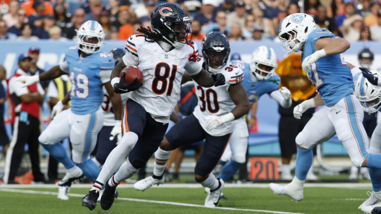 Chicago Bears wide receiver Zavion Thomas (81) runs after fielding a kickoff during a preseason game between the Tennessee Titans and Chicago Bears, August 29, 2026 at Nissan Stadium in Nashville, Tennessee.