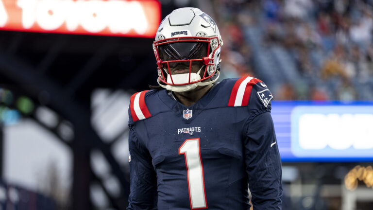 A.J. Brown #1 of the New England Patriots looks on against the Philadelphia Eagles prior to an NFL preseason football game at Gillette Stadium on August 22, 2026 in Foxborough, Massachusetts.