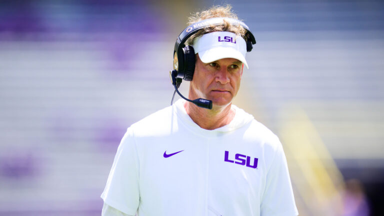 Head coach Lane Kiffin of the LSU Tigers in action during fall practice at Tiger Stadium on August 22, 2026 in Baton Rouge, Louisiana.