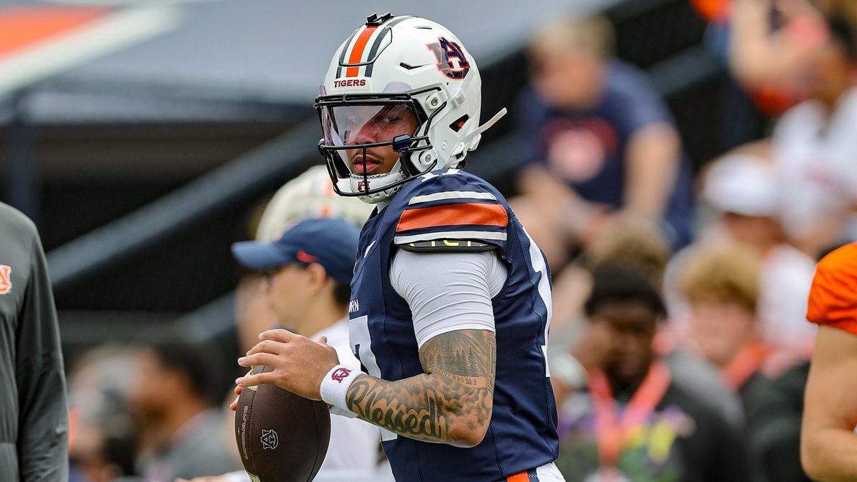 Byrum Brown #17 of the Auburn Tigers warms up prior to kickoff of the Auburn Spring Football Game at Jordan Hare Stadium on April 18, 2026 in Auburn, Alabama.