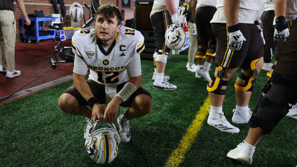 Broc Lowry #12 of the Western Michigan Broncos looks on with seconds to play against the Michigan Wolverines at Michigan Stadium on September 05, 2026 in Ann Arbor, Michigan. Michigan won the game on a 47 yard touchdown pass with no time on the clock.