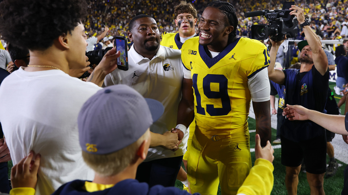 Bryce Underwood #19 of the Michigan Wolverines celebrates after a 13-12 win over the Western Michigan Broncos at Michigan Stadium on September 05, 2026 in Ann Arbor, Michigan.