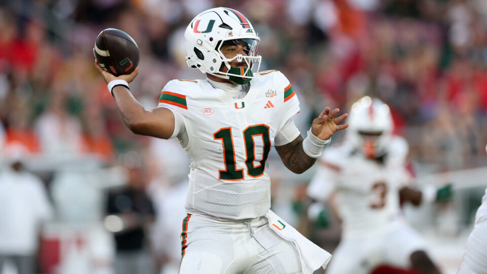Darian Mensah #10 of the Miami (FL) Hurricanes passes the ball against the Stanford Cardinal in the first half at Stanford Stadium on September 04, 2026 in Stanford, California.