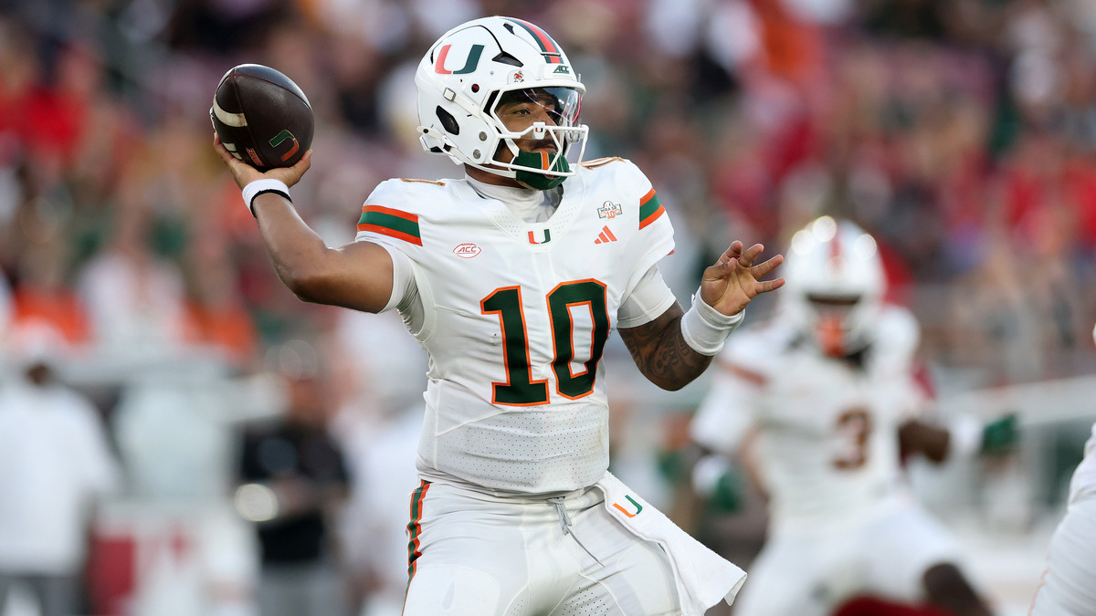 Darian Mensah #10 of the Miami (FL) Hurricanes passes the ball against the Stanford Cardinal in the first half at Stanford Stadium on September 04, 2026 in Stanford, California.