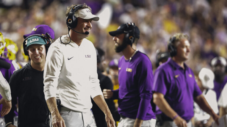 LSU Tigers head coach Lane Kiffin on the sideline during the first half of a game against the Clemson Tigers on September 5, 2026, at Tiger Stadium in Baton Rouge, Louisiana.