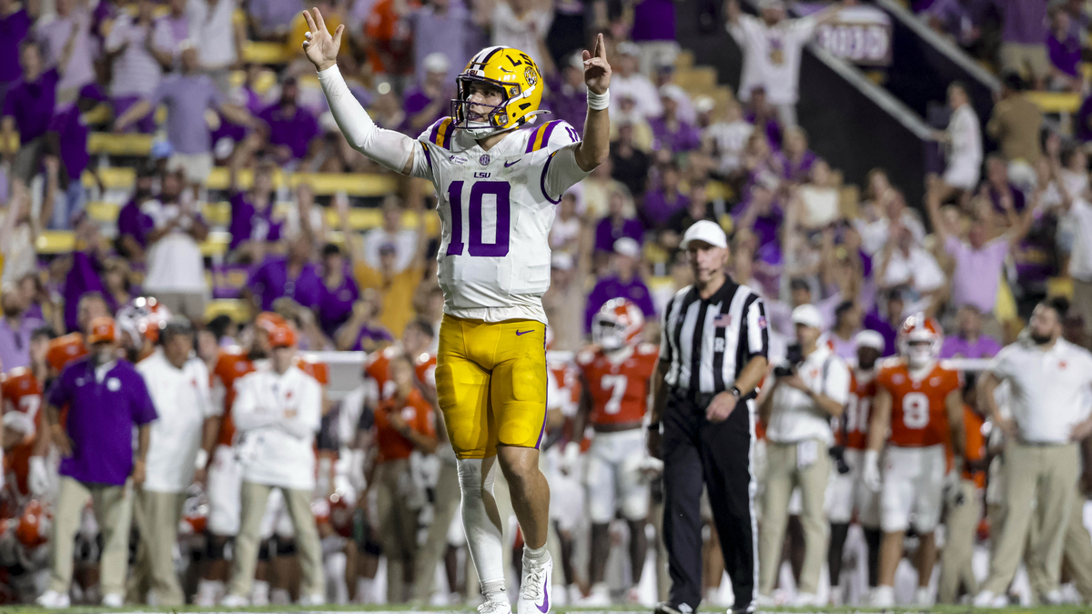 LSU Tigers Sam Leavitt #10 celebrates after a touchdown by Dilin Jones (not pictured) against the Clemson Tigers during the third quarter of a game at Tiger Stadium on September 5, 2026 in Baton Rouge, Louisiana.
