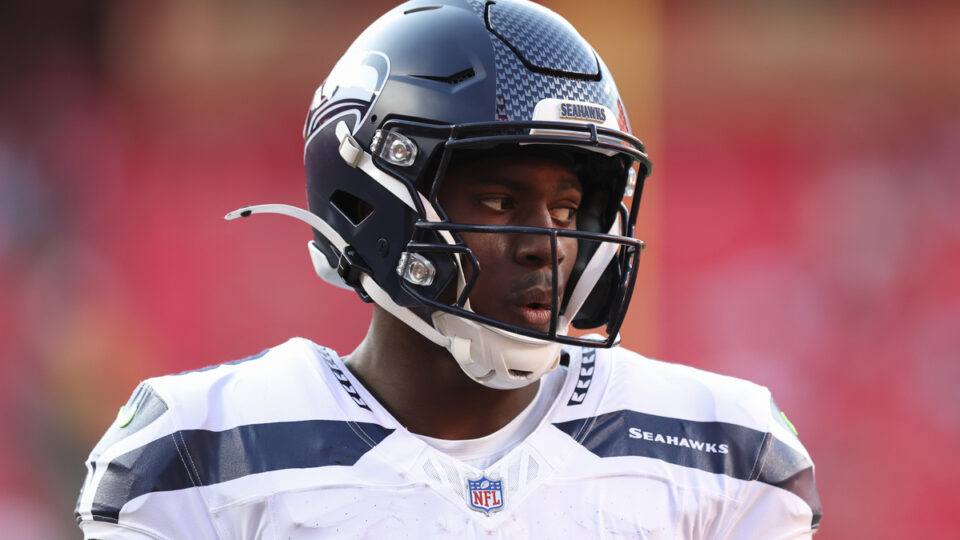 Jadarian Price #8 of the Seattle Seahawks before an NFL preseason game between the Seattle Seahawks and Kansas City Chiefs on Aug 28, 2026 at Arrowhead Stadium in Kansas City, Missouri.