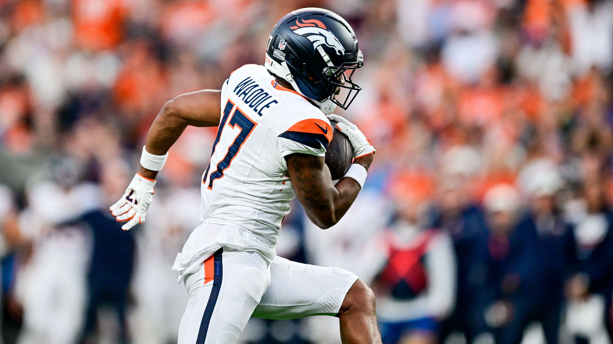 Denver Broncos wide receiver Jaylen Waddle (17) runs after a catch in the first quarter during a preseason game between the Green Bay Packers and the Denver Broncos at Empower Field at Mile High on August 21, 2026 in Denver, Colorado.