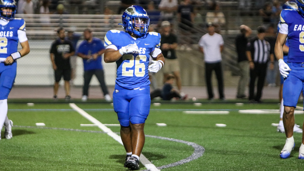 Santa Margarita running back Adrian Petero (2029) looks to the sideline after a play in a game between Santa Margarita Catholic and Mission Viejo at Trabuco Hills High School in Mission Viejo, California on Aug. 23, 2025.