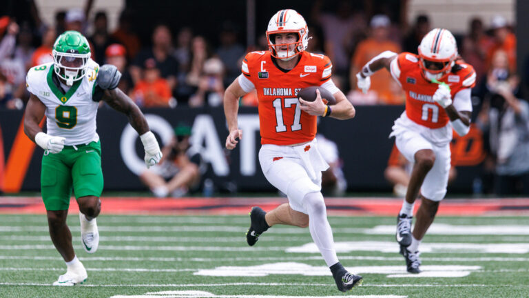 Oklahoma State Cowboys quarterback Drew Mestemaker (17) runs the ball against the Oregon Ducks on September 12th, 2026 at Boone Pickens Stadium in Stillwater Oklahoma.