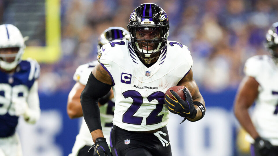 Derrick Henry #22 of the Baltimore Ravens runs the ball for a touchdown against the Indianapolis Colts during the second quarter of the game at Lucas Oil Stadium on September 13, 2026 in Indianapolis, Indiana.