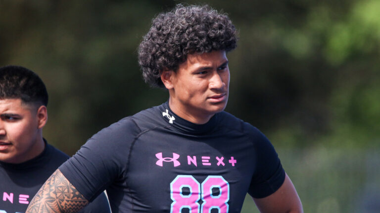 Sierra Canyon defensive lineman Marcus Fakatou (2027) looks over a coach for instruction at the Under Armour Next Camp stop at Chaminade High School in West Hills, California on April 12, 2026.