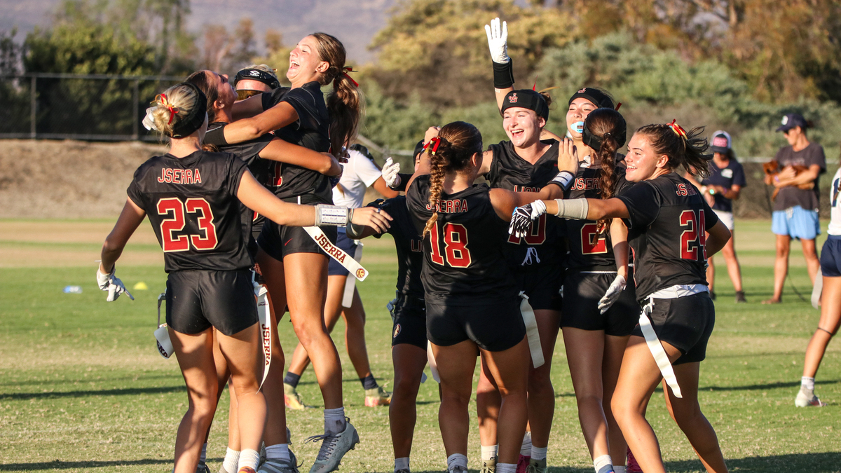 The JSerra Flag Football team celebrates after the championship game at the MaxPreps Flag Football Showdown at the Elite Athlete Training Center in Chula Vista, California on Sept. 12, 2026.