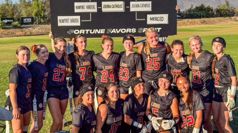The JSerra Lions flag football team poses after winning the championship at the MaxPreps Flag Football Showdown at the Elite Athlete Training Center in Chula Vista, California on Sept. 12, 2026.