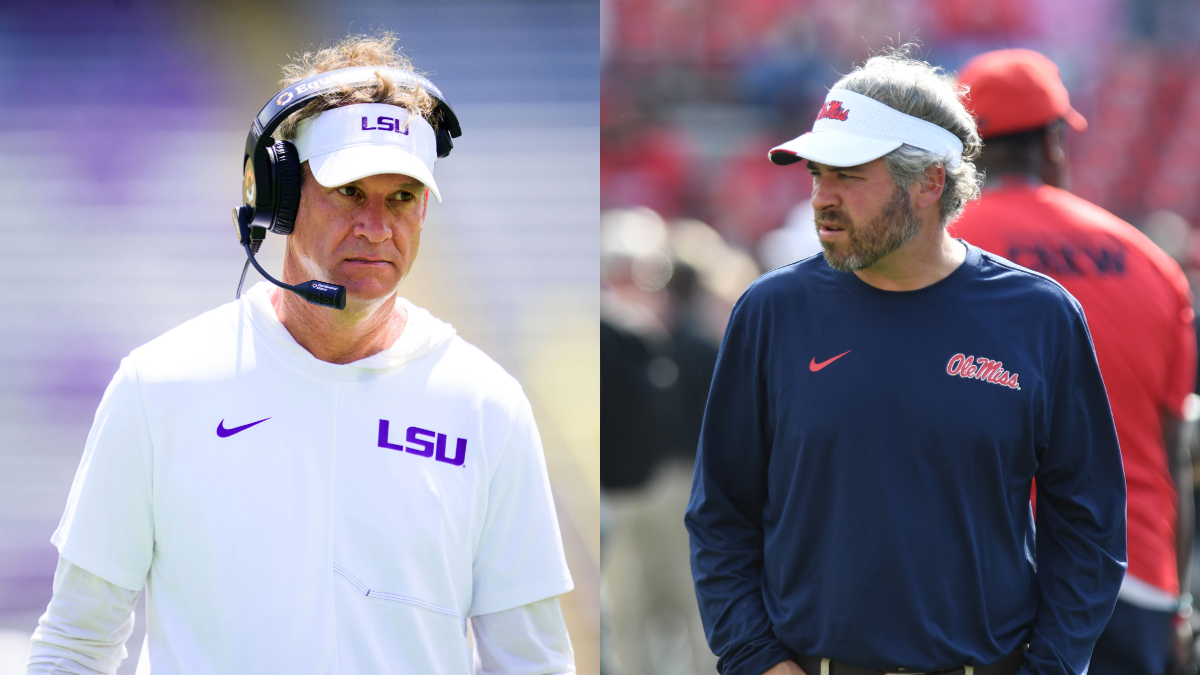 Split photo of LSU head coach Lane Kiffin, on the left, and Ole Miss head coach Pete Golding coaching on the sidelines.