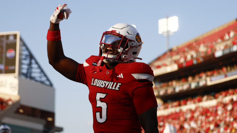 Louisville Cardinals running back Keyjuan Brown (5) celebrates his touchdown in the in the second half of play during a college football game between the SMU Mustangs and the Louisville Cardinals on September 19, 2026 at L&N Federal Credit Union Stadium in Louisville, Kentucky.