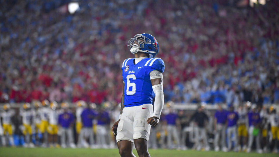 Mississippi Rebels quarterback Trinidad Chambliss reacts after a LSU Tigers penalty during the fourth quarter of a college football game between the LSU Tigers and Mississippi Rebels on Saturday, September 19, 2026 at Vaught-Hemingway Stadium in Oxford, Mississippi.