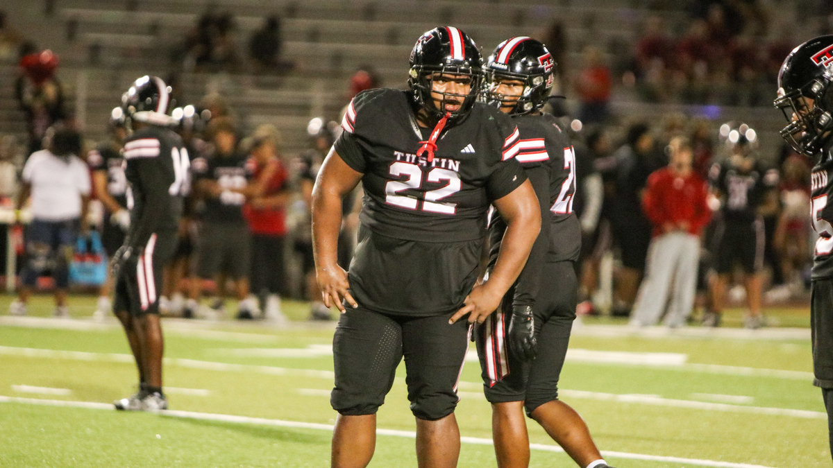 Tustin High School defensive lineman Jeremiah Williams looks to the sideline before a play during a game between Tustin and Damien on Sept. 11, 2026 at Tustin High School in Tustin, California.