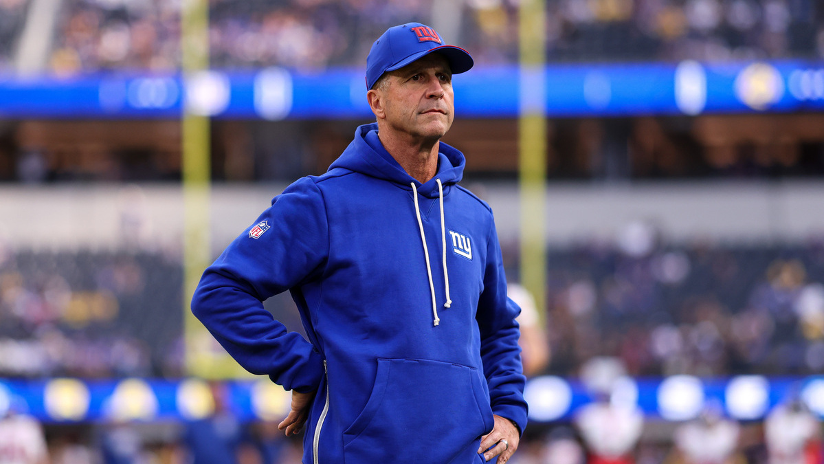 Head Coach John Harbaugh of the New York Giants walks the field prior to the game against the Los Angeles Rams at SoFi Stadium on September 21, 2026 in Inglewood, California.